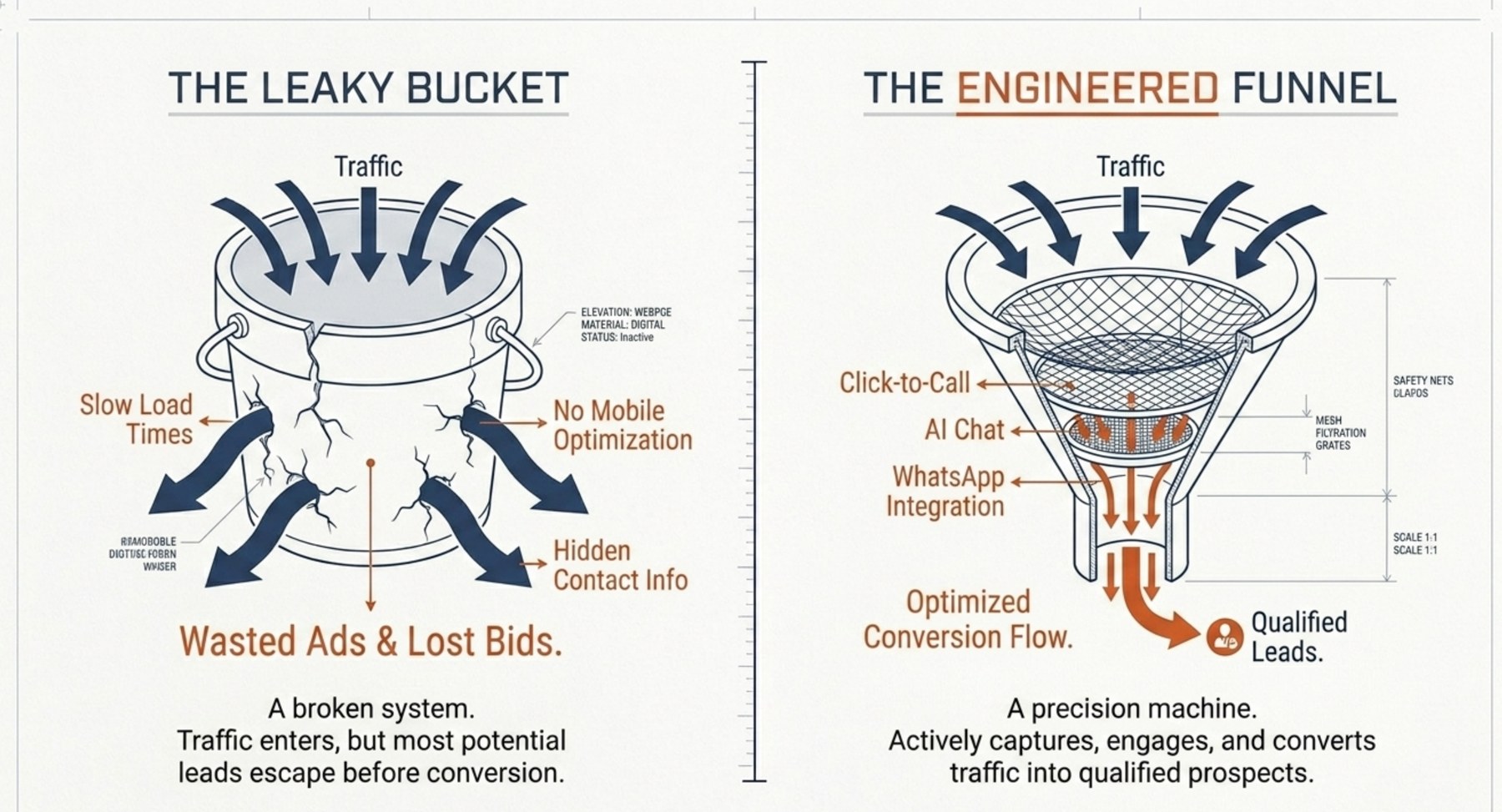 Leaky bucket versus engineered funnel lead conversion diagram.